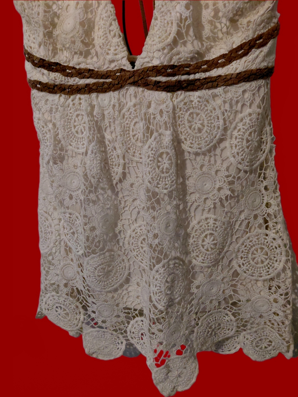Sky Ivory Crochet Lace Halter Top Lined Large Suede Like Contrasting Woven Ties - Picture 9 of 12